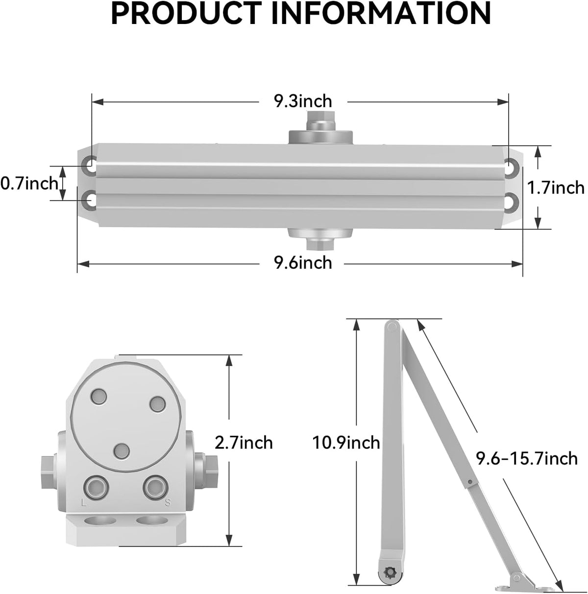 automatic door closer heavy duty hydraulic aluminum alloy, front angle view
