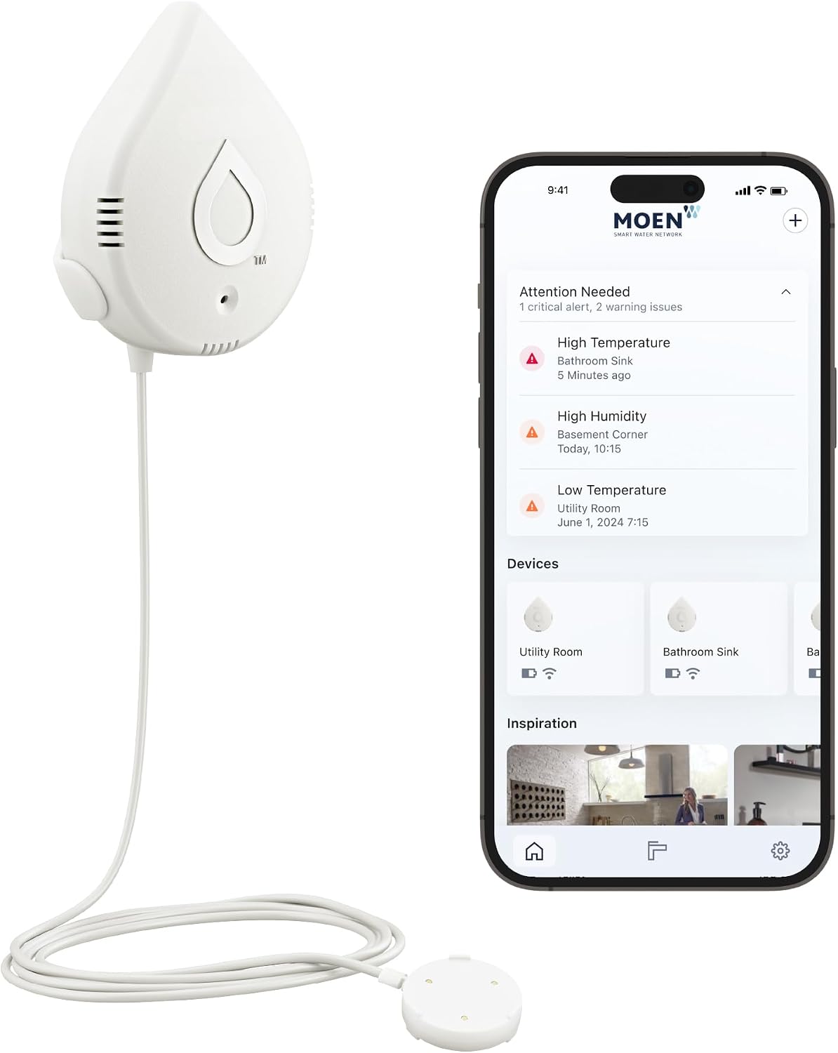 Moen Flo Smart Water Leak Detector, Drip or Flood Sensor Alarm