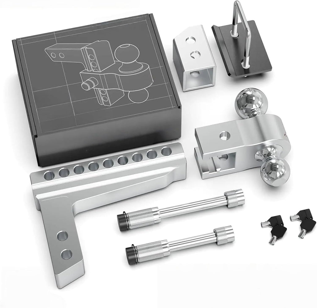 Adjustable 2" Trailer Hitch 8" Drop/Rise Dual-Ball 12,500 LBS GTW Locks