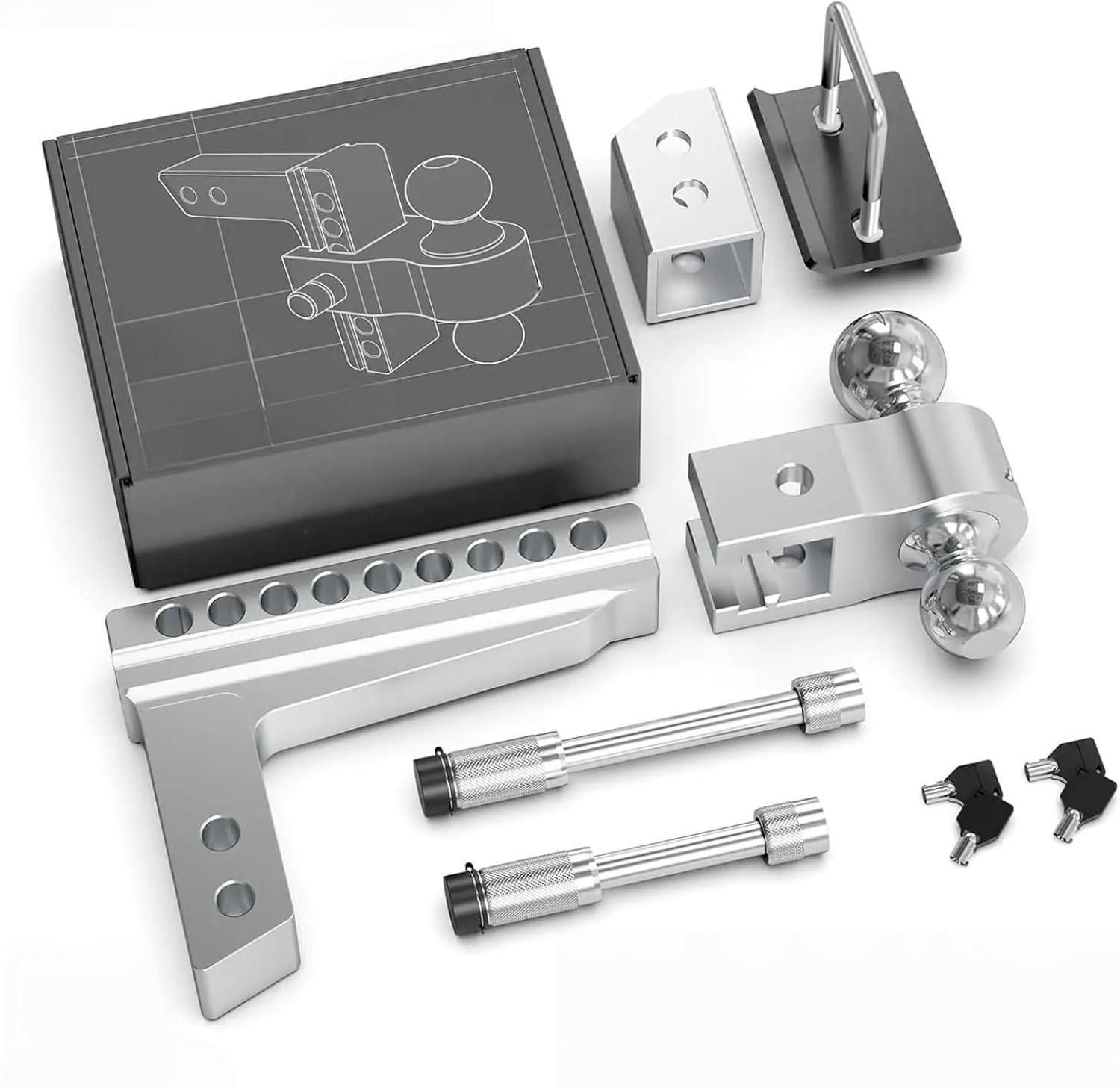 Adjustable 2" Trailer Hitch 8" Drop/Rise Dual-Ball 12,500 LBS GTW Locks
