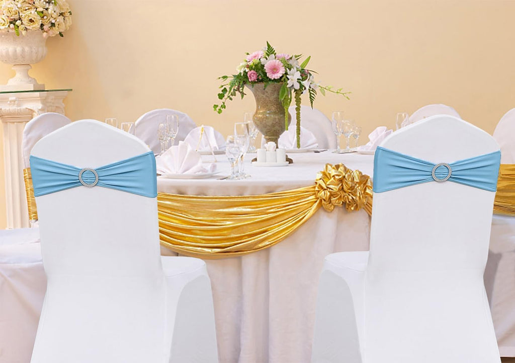 50 Pack Spandex Baby Blue Chair Sashes Bows Stretch Elastic Light Blue Chairs Bands with Buckles Ties for Party Celebration Ceremony Events Wedding Decorations