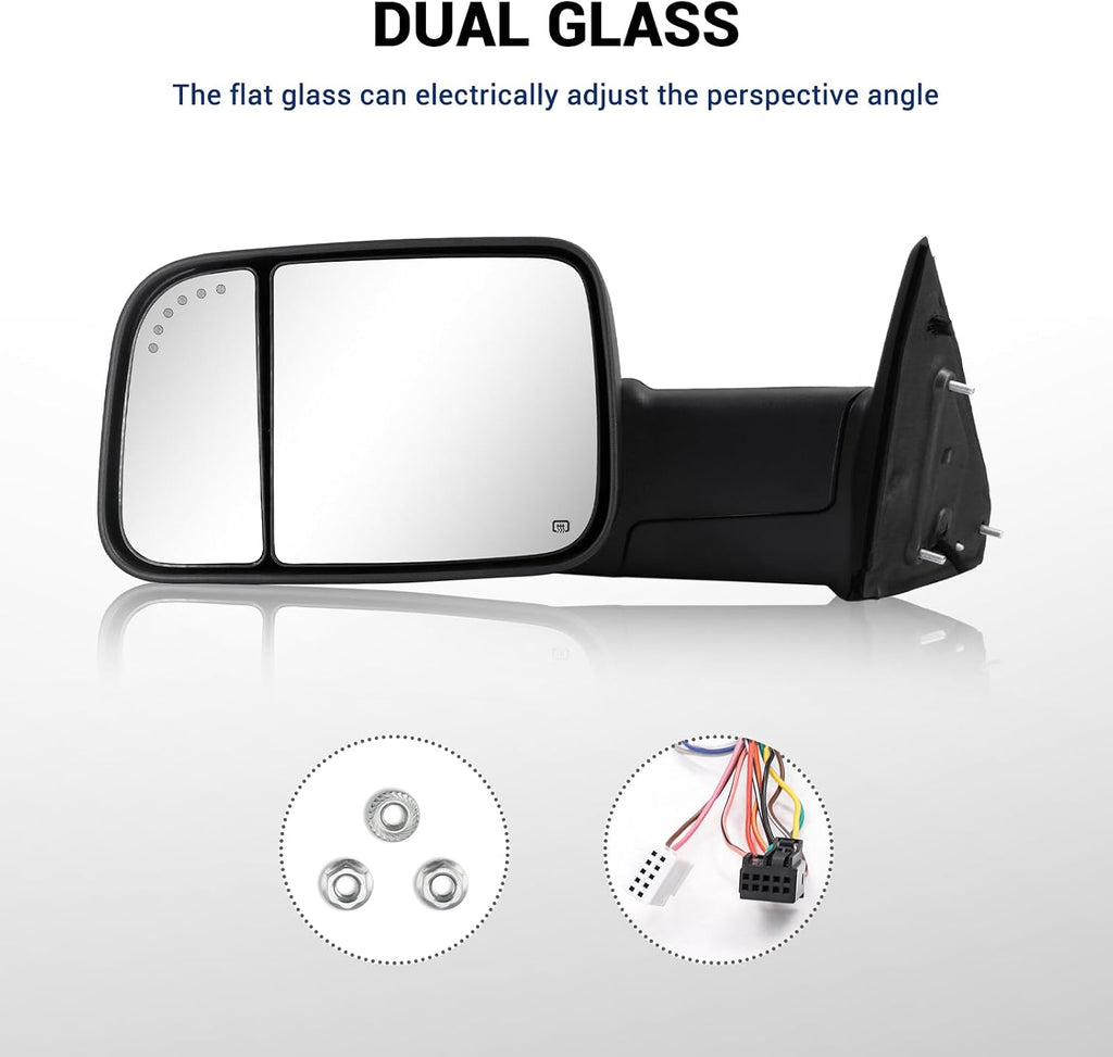 Towing Mirror for Dodge Ram - Replacement fit for 2009-2018 Dodge Ram 1500 2500 3500 Pickup Truck with Power Adjusted Glass Heated LED Turn Signal Light Puddle Lamp Temp Sensor Flip Up Pair Set