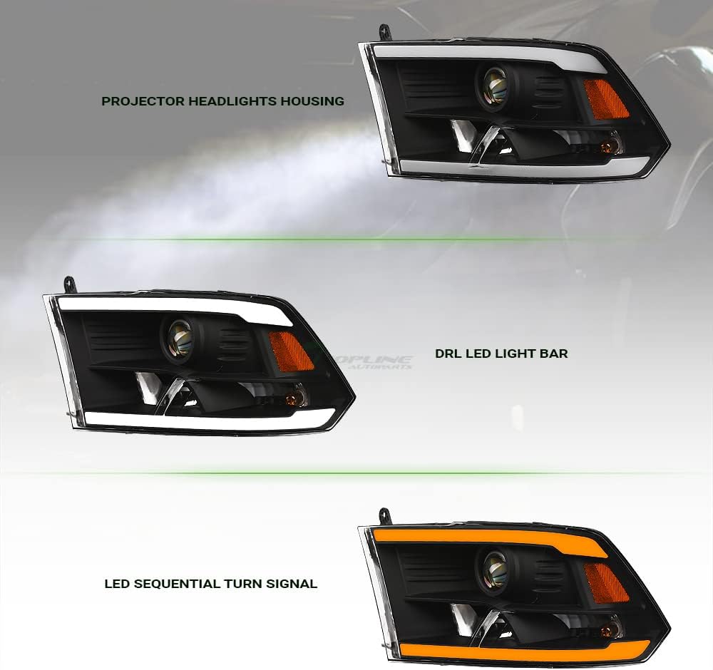 Switchback Sequential LED Strip Tube Bar Black Housing Projector Headlights Signal Lamps Amber Reflector nb Compatible With 09-18 Dodge Ram 1500/19-24 Classic / 10-18 2500 3500