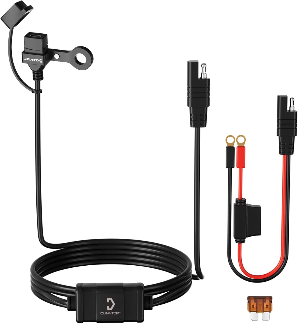 Cliff Top Waterproof Motorcycle USB Charger, 18W PD, SAE, 10mm Mirror Mount | Waterproof cap, Type-C quick charge, SAE to USB-C connector, 10mm rearview mirror mount, motorbike phone/GPS charging
