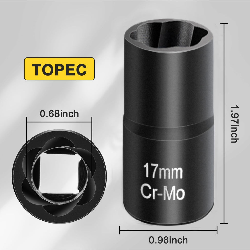 Topec 17mm Lug Nut Remover, Wheel Lock Removal Kit for Stripped Bolt & Rounded Nut, 1/2" Drive | Hand Tools Only (≤200NM)