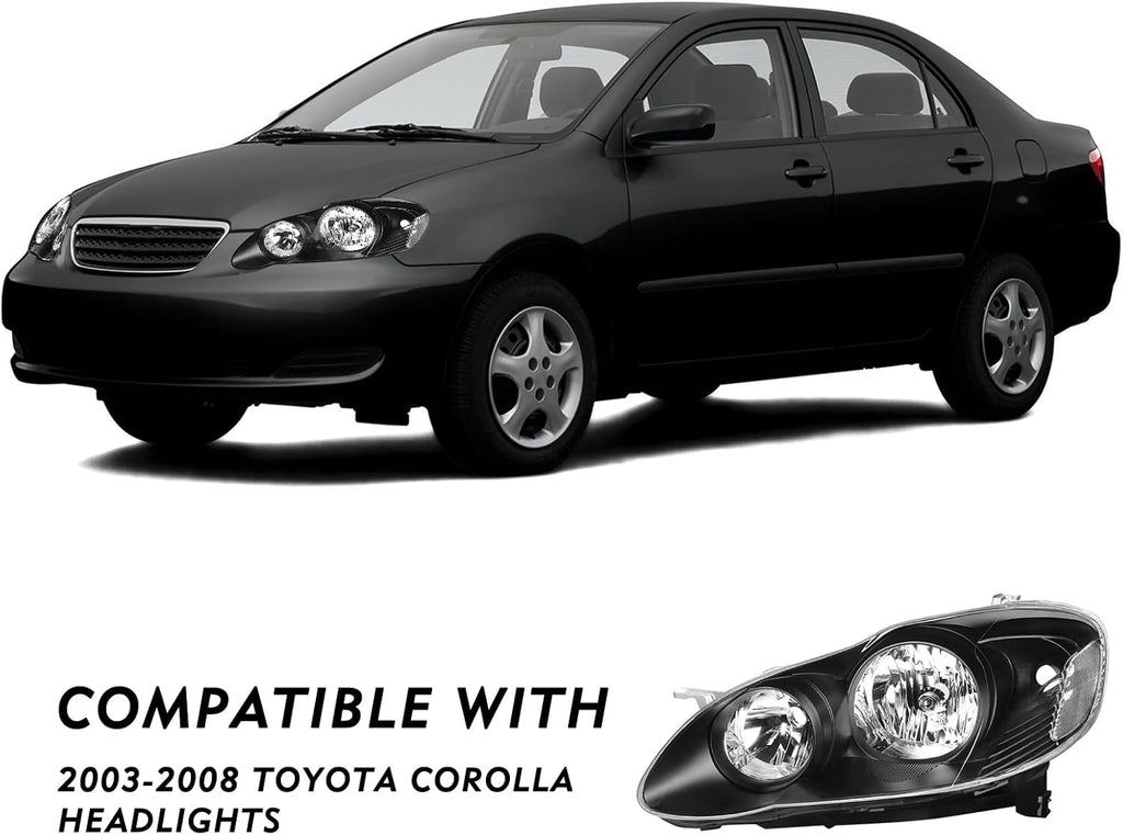 TUSDAR Headlight Assembly Replacement for Toyota Corolla 2003 2004 2005 2006 2007 2008 Headlamps Replacement Passenger and Driver Side, Black Housing with Clear Reflector