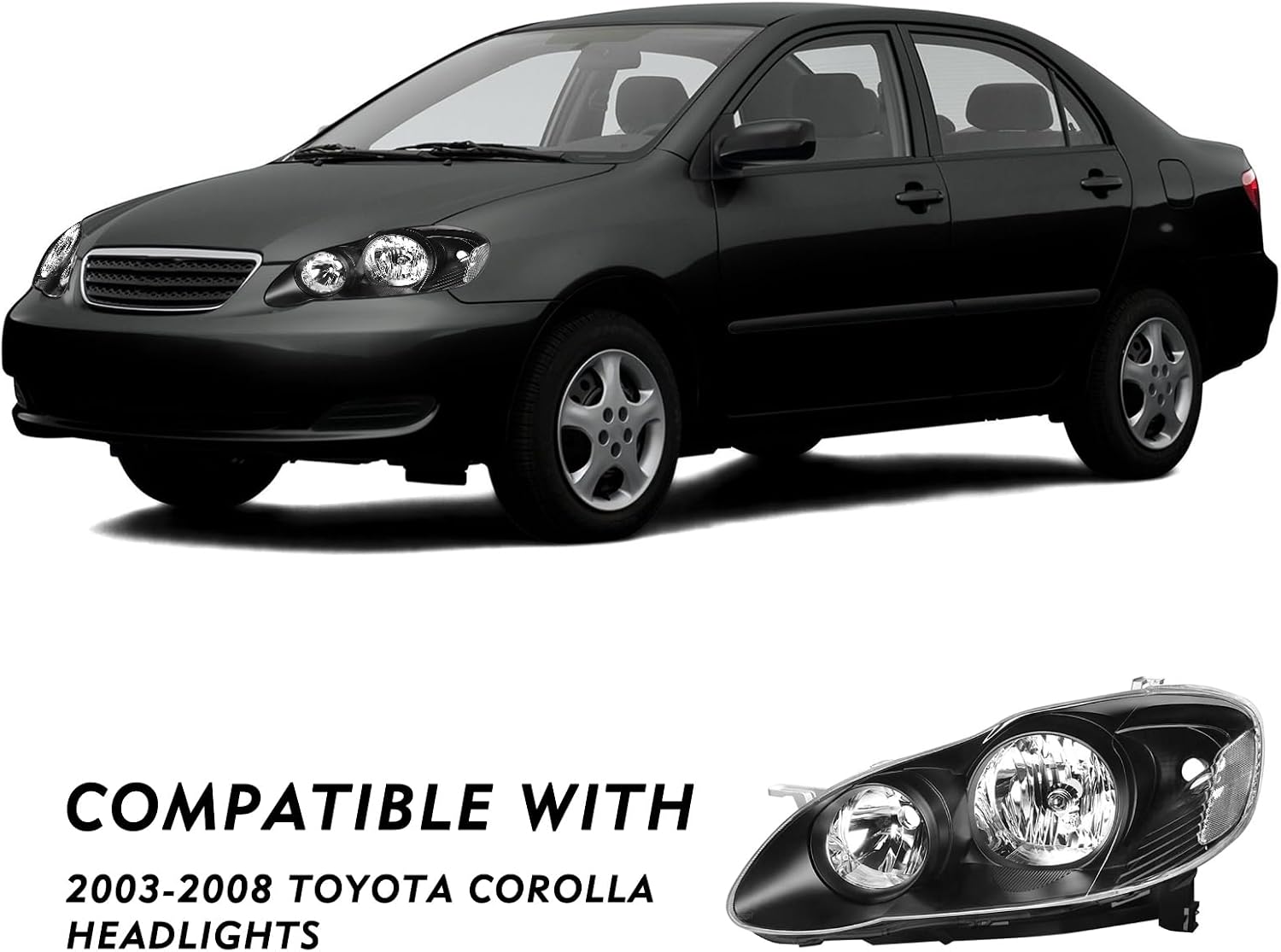 TUSDAR Headlight Assembly Replacement for Toyota Corolla 2003 2004 2005 2006 2007 2008 Headlamps Replacement Passenger and Driver Side, Black Housing with Clear Reflector