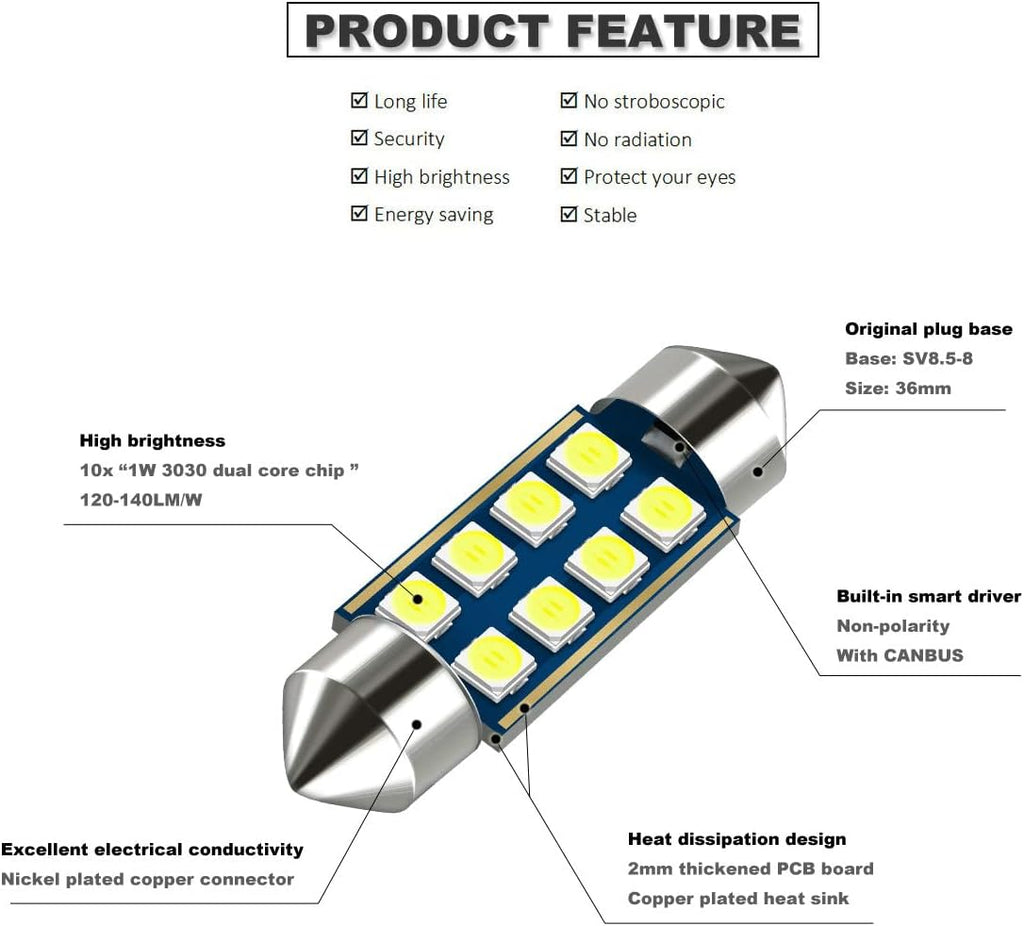 White 36mm Festoon 6418 Bulb Car LED Interior Map Dome Light | DE3423 DE3425 Size 6000K Extra Bright Also for Number Tag License Plate Cargo Trunk Door Footwell Light Canbus Error Free