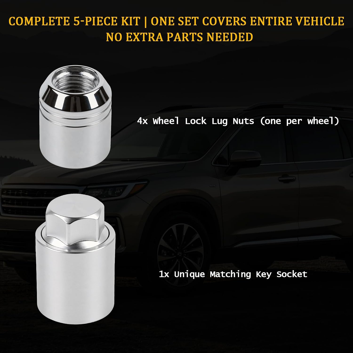 B321SFL001 5Pcs Anti-Theft Wheel Lock Lug Nut Set with Matching Key Socket Compatible with Subaru Vehicle 1990-2026 Forester Outback WRX BRZ Crosstrek Ascent Impreza Alloy Wheels, Chrome Finish