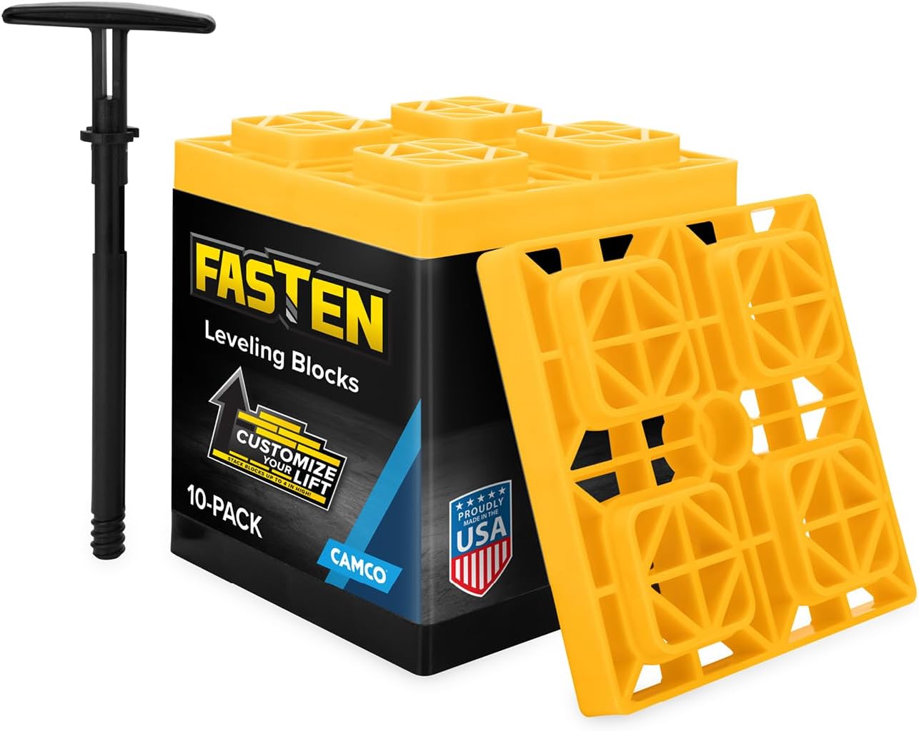 Camco FasTen RV Leveling Blocks - Features Interlocking Design for Customizable Height - Carrying Handle Twists to Secure Blocks for RV Storage - 8.5” x 8.5” x 1”, Yellow, 10-Pack (21022)