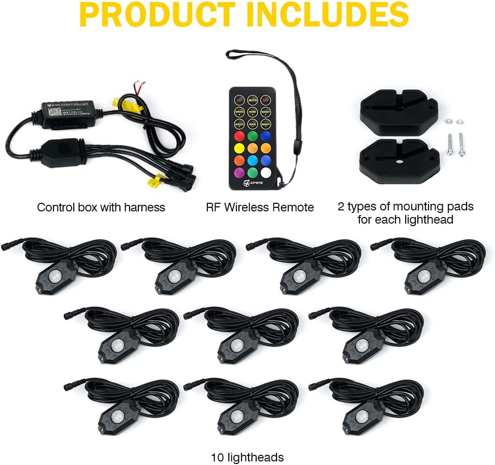 Xprite Colorful LED Rock Lights Kit with Bluetooth & Wireless Remote Controller, Multicolor Cars Underglow, Wheel, Footwell Neon Light Kits, for Off-Road UTV ATV Trucks SUV Motorcycle Boats - 10 Pods