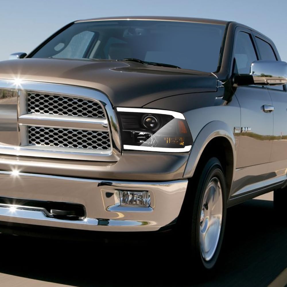 Switchback Sequential LED Strip Tube Bar Black Housing Projector Headlights Signal Lamps Amber Reflector nb Compatible With 09-18 Dodge Ram 1500/19-24 Classic / 10-18 2500 3500