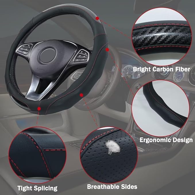 Car Steering Wheel Cover with Cup Coasters, Universal 15 inch Leather Carbon - Image 3
