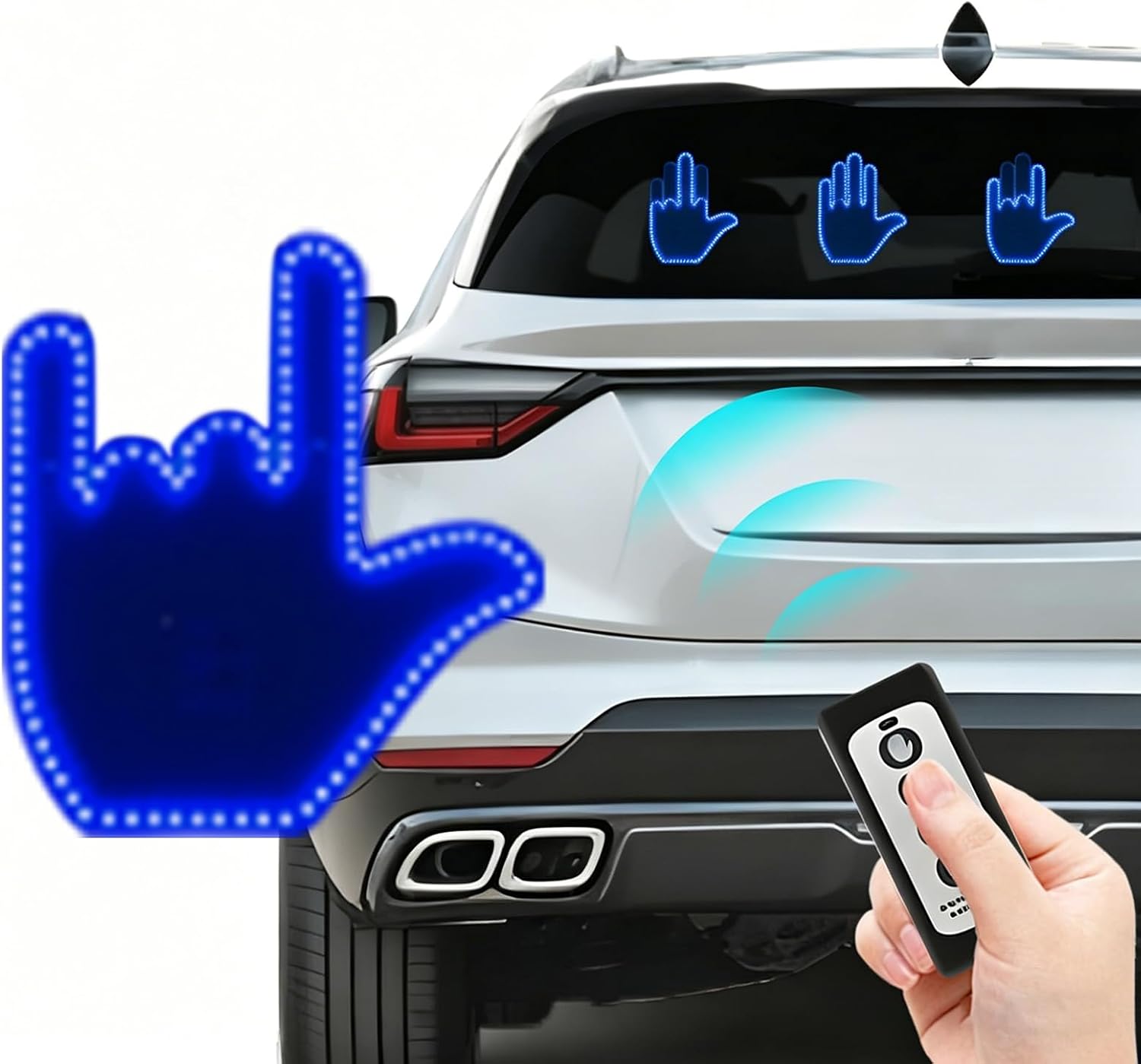 Middle Finger Car Light, Hand Gesture Light for Car, Road Rage Led Sign, Light Up Road Mate Hand Led for Cars Window with Remote, Funny Cars Accessories, for Men (Blue)
