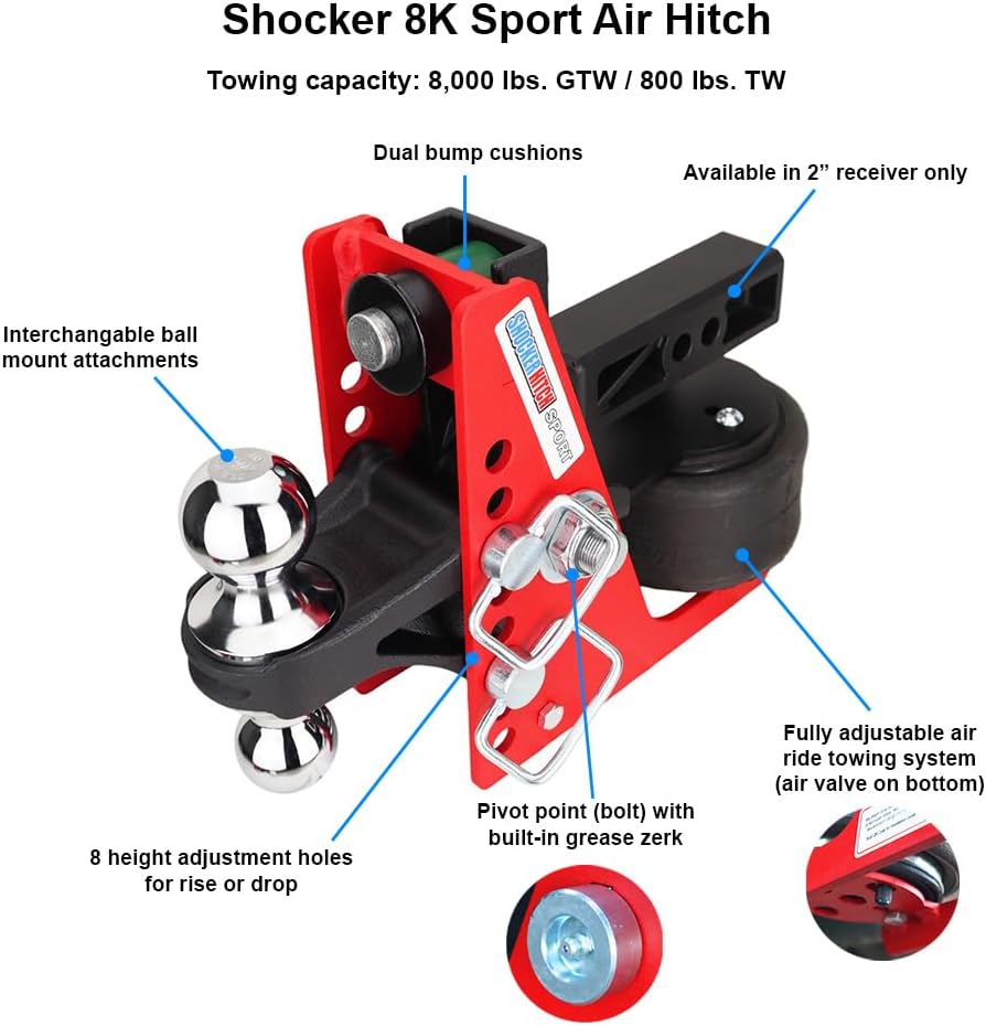 Shocker Sport Air Receiver Hitch & Sway Control Towing Kit, Fits 2" Hitch, Has Chrome Combo 2" & 2-5/16" Balls & 1 Sway Bar