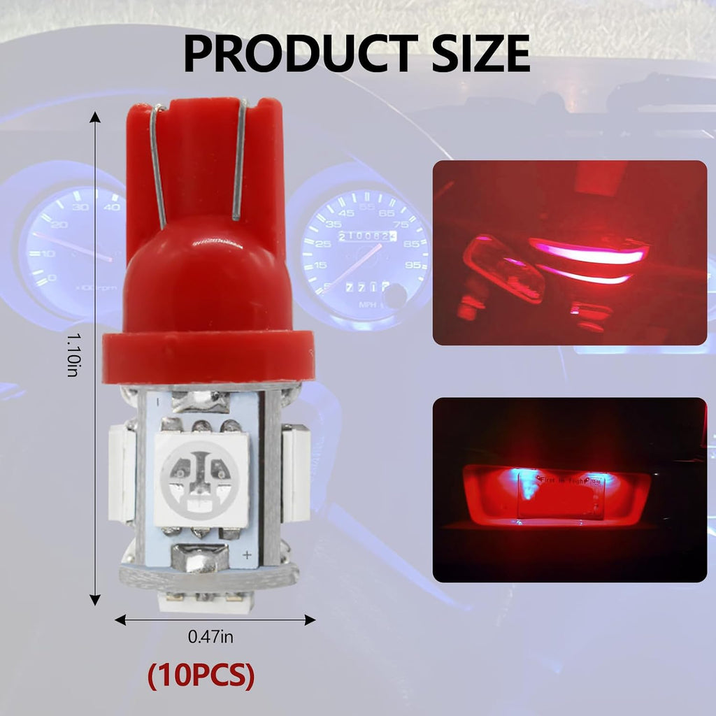 wuyaoyao 10PCS 194 LED Light Bulb, 6000K T10 168 W5W 2825 5SMD 5050 Chips LED Replacement Bulbs, 12V Wedge LED Light Bulb for Car Dome Interior Map Door Courtesy License Plate Lights (Red)