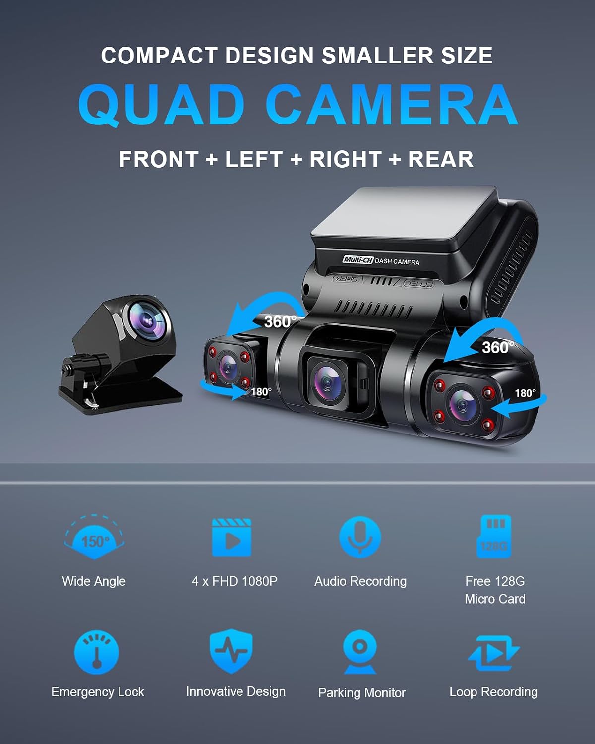 pruveeo 360° 4 channel dash cam front and shown in use