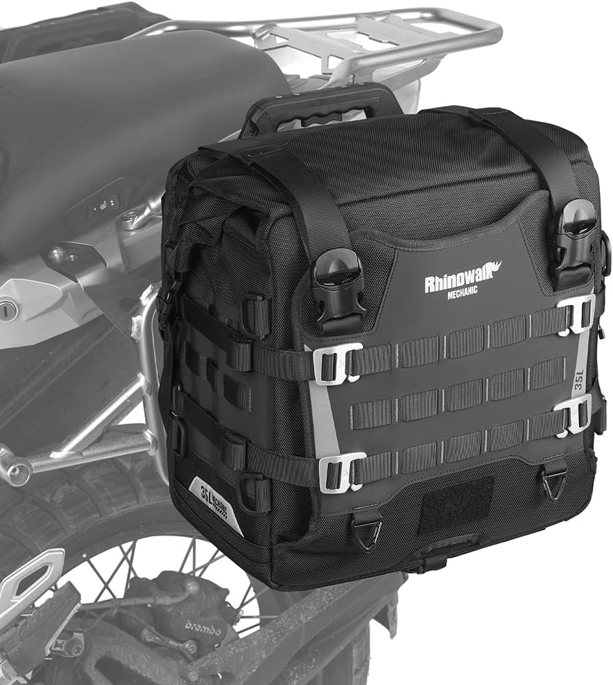 Rhinowalk Motorcycle Saddle bag Waterproof Luggage Bag 35L Quick Release with MOLLE System Fits Most Adventure and Sports Bike Motorcycle Racks (Black, 1 Pack)