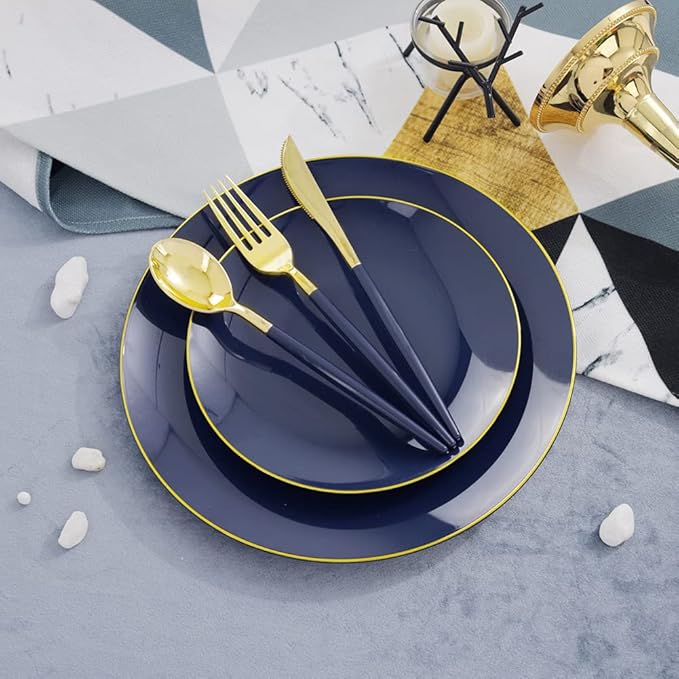 Liacere 150PCS Blue Plastic Plates - Gold Plastic Silverware with Blue Handle...