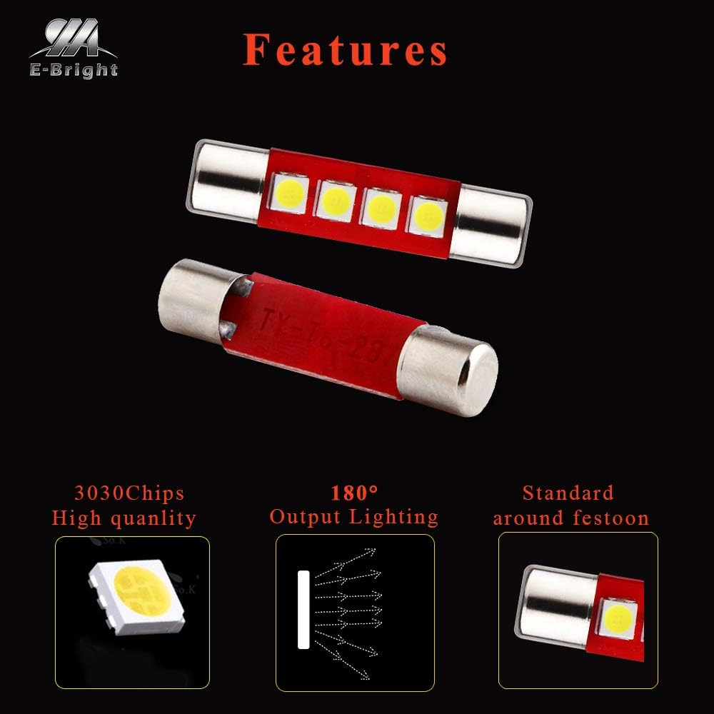 YM E-Bright White 28MM Festoon Led For Car Visor Mirror Lights, 14V1CP 6641 6612F Led Festoon Bulb 12V Dome Light, 3030-4SMD, Pack of 6