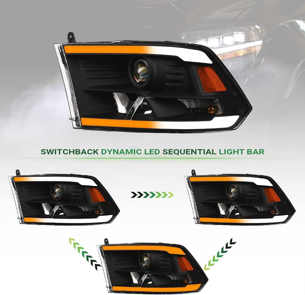 Switchback Sequential LED Strip Tube Bar Black Housing Projector Headlights Signal Lamps Amber Reflector nb Compatible With 09-18 Dodge Ram 1500/19-24 Classic / 10-18 2500 3500