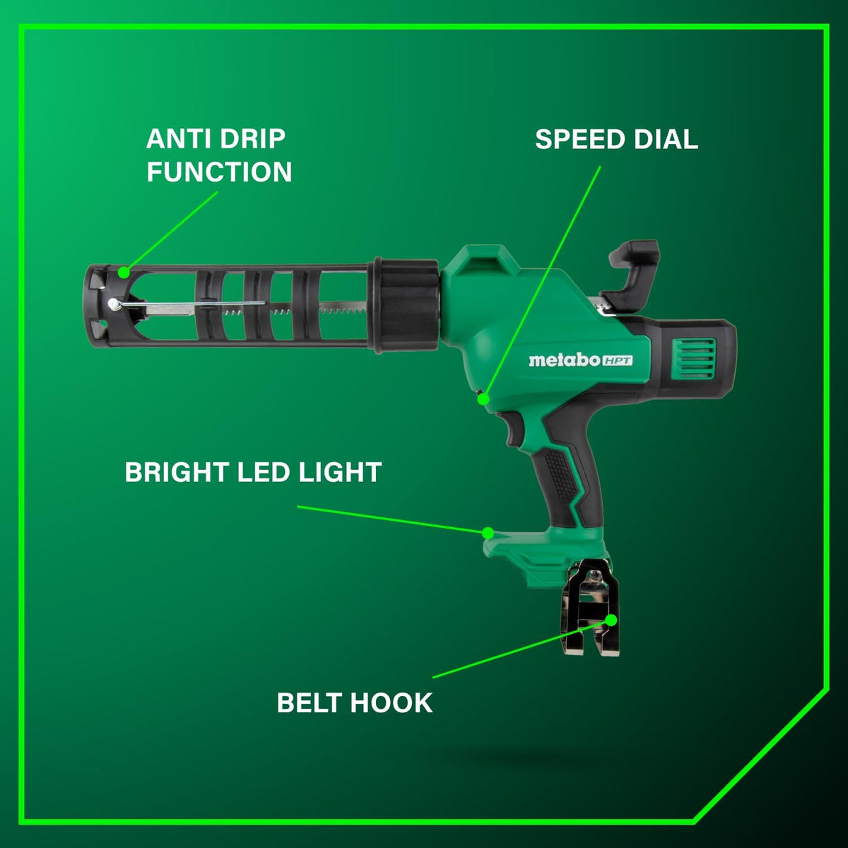 metabo hpt 18v cordless caulking gun, variable speed, close-up detail