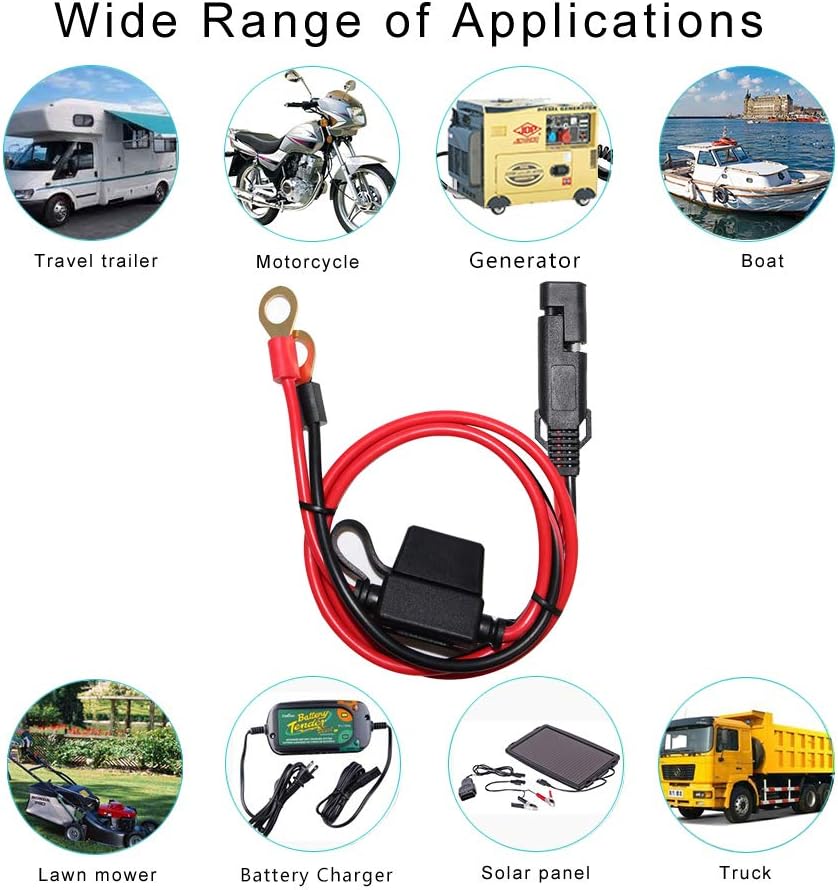[2 PACK] SPARKING 2FT Motorcycle Battery Charger Cord, Sae to O Ring Terminal Quick Disconnect Assembly Extension Cable, Sae 2Pin Wire Harness Reverse Polarity Adapter Port Accessory, 10A Fuse