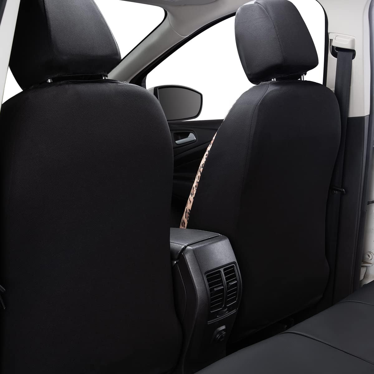 flying banner car seat covers protects leopard printing shown in use