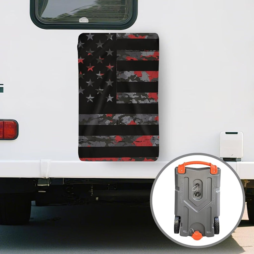 JoyLamoria Camo American Flag RV Tote Tank Cover Compatible 28-36 Gallon | Tote Tanks Waterproof & UV Resistant RV Portable Waste Tank Cover