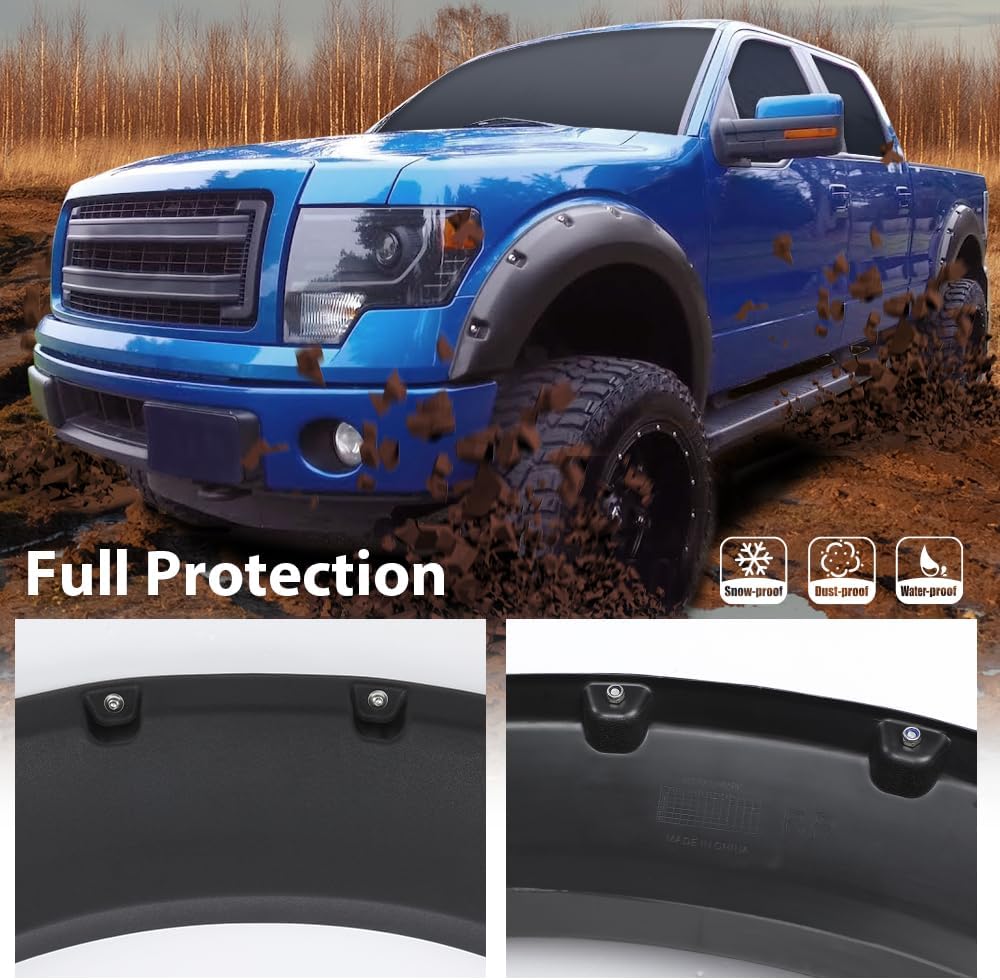 G-PLUS Fender Flares 4PCS Fit Ford F150 2009-2014(67.0"/78.8"/97.4" Bed) | NOT Fit Platinum & Raptor Models,Textured Pocket Riveted Style,Custom Fit F150 Fender Flares,Rustproof & UV Resistant