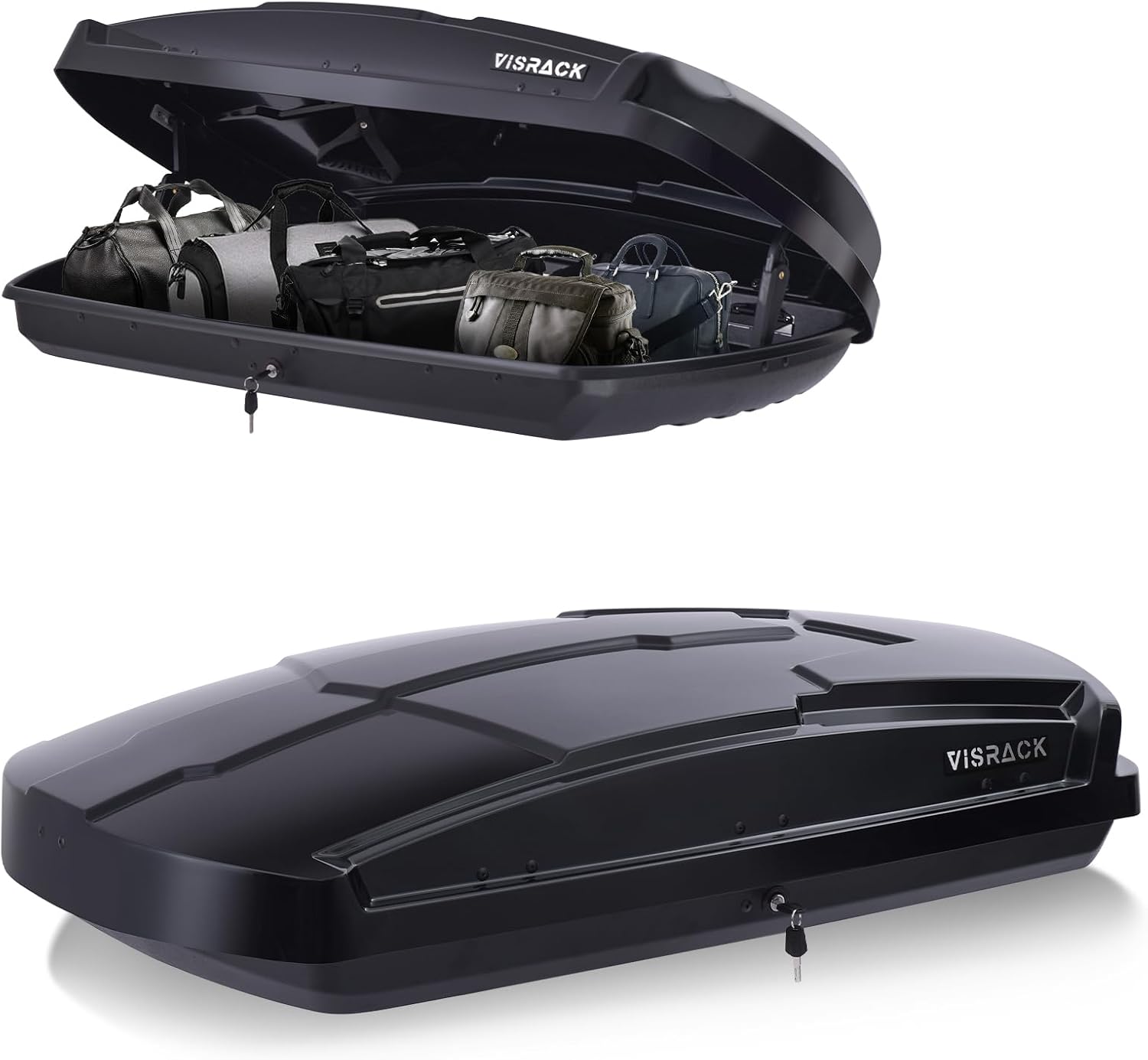 Hard Shell Roof Cargo Box Carrier with Security Keys,Heavy Duty Waterproof Rooftop Storage Box,58.3 (L) x35.4 (W) x 13(H) Inches,15.5 Cubic Feet (Tool-Free Install),Dual Side Opening,Black