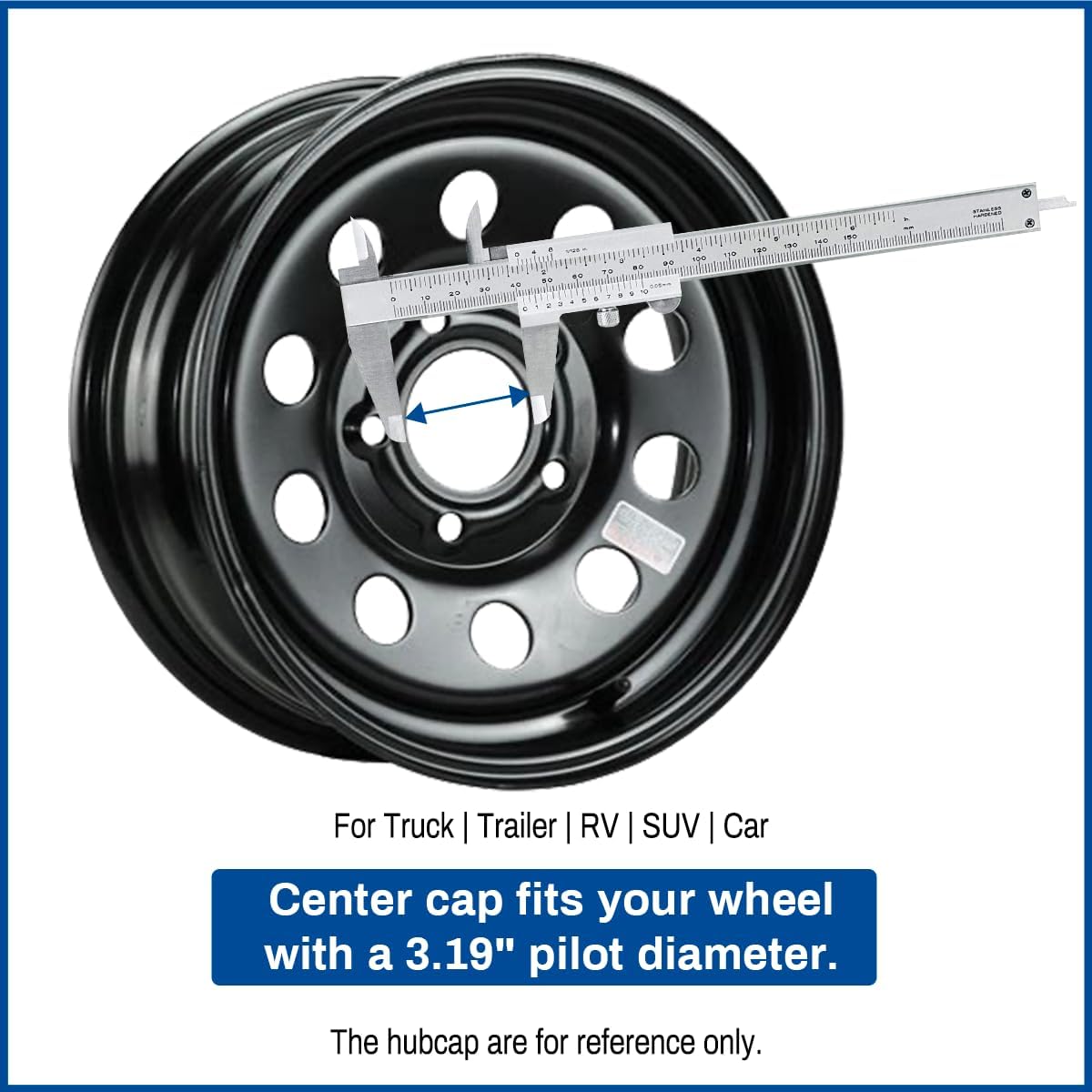 3.19 Inch Stainless Steels Trailer Wheel Center Caps Fit 3.19" Center Bore Truck Trailer RV SUV Wheels Rims, Matt Black Push Through Hub Covers, 4Pcs, Height 3.62 in