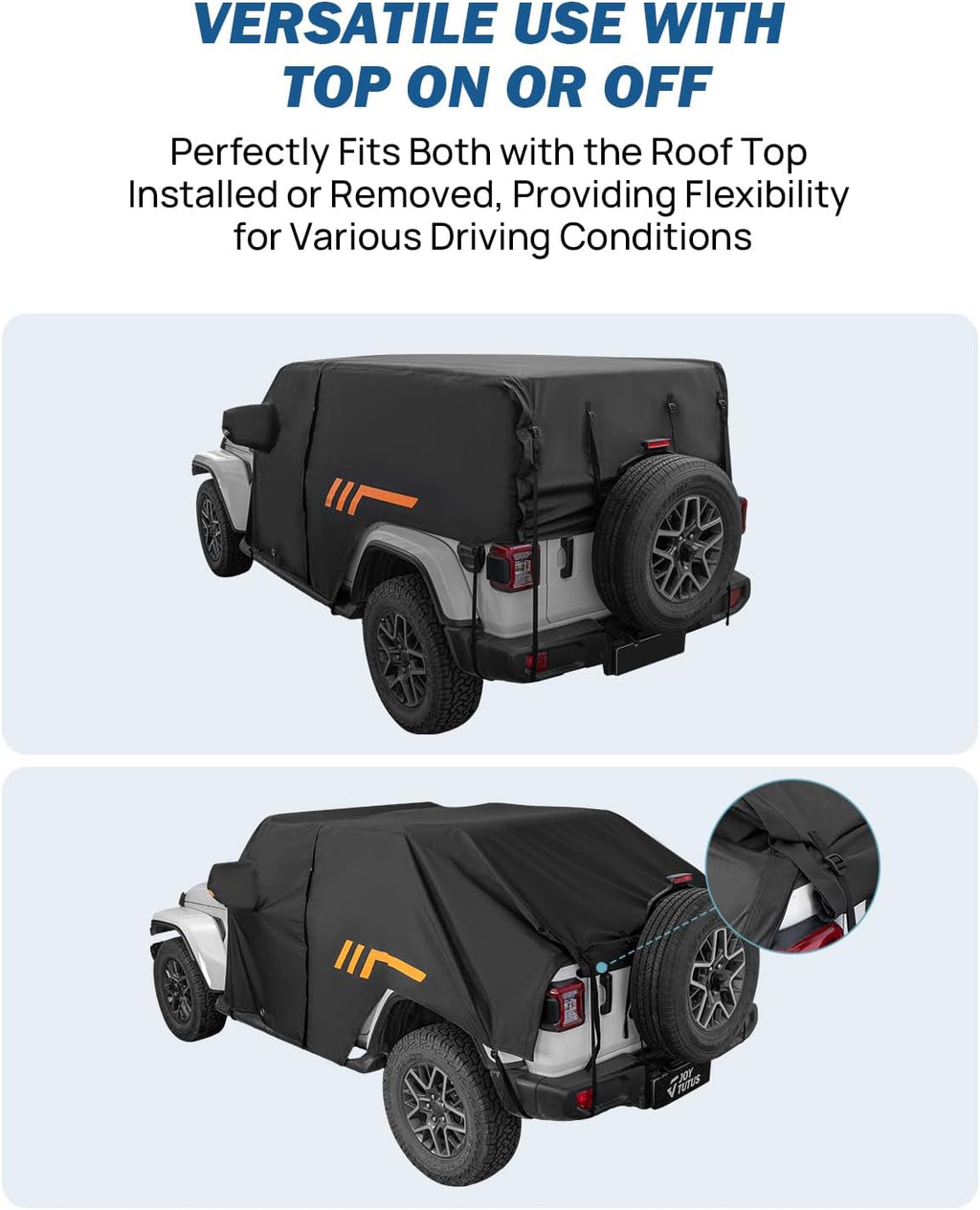 JOYTUTUS Wrangler Cab Cover Waterproof 4 Door for Wrangler JK JL 4 Doors 2007-2026, Paint-Safe Lining Car Cover with Zipper Access, UV50+ Windproof All-Weather Protection, Top On/Off Compatible