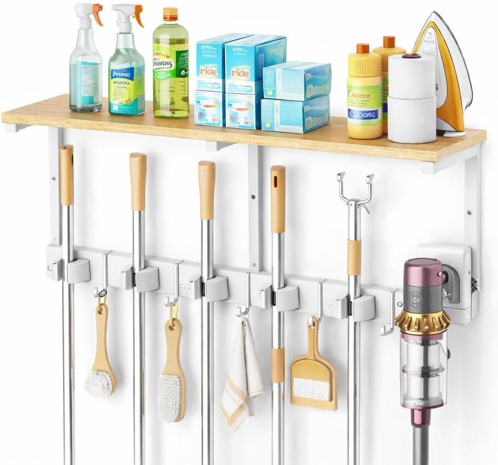 upgraded broom holder wall mount with shelf, mop, main product view