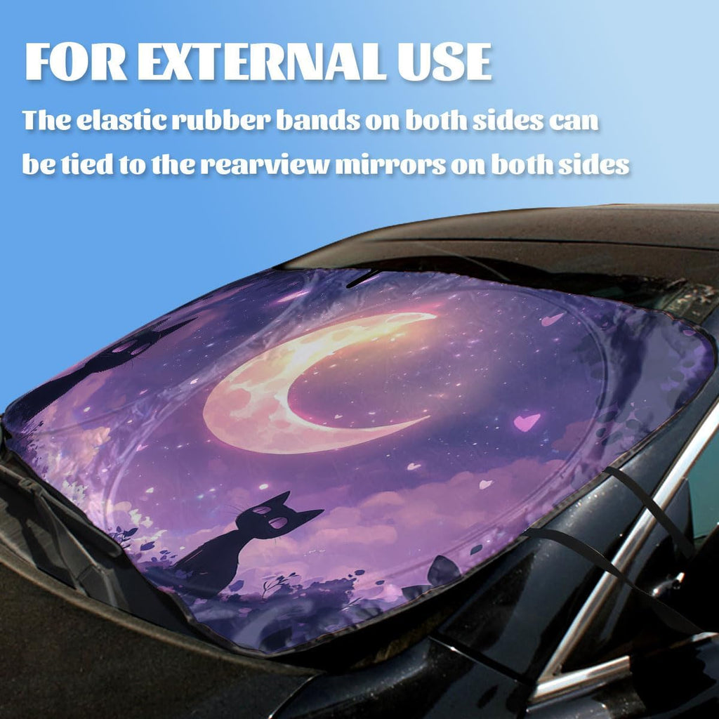 Black Kitten Car Front Window Sun Shield Crescent Moon Purple Sky Stars Windshield Sun Shade Visor Protector for Car Sedan Truck SUV Accessories 59" L x 31.5" W