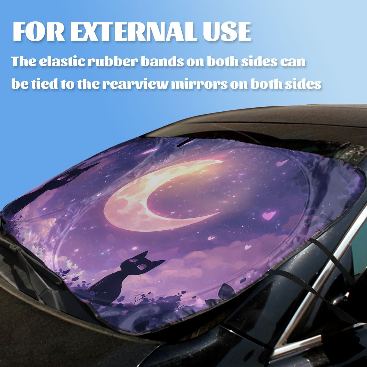 Black Kitten Car Front Window Sun Shield Crescent Moon Purple Sky Stars Windshield Sun Shade Visor Protector for Car Sedan Truck SUV Accessories 59" L x 31.5" W