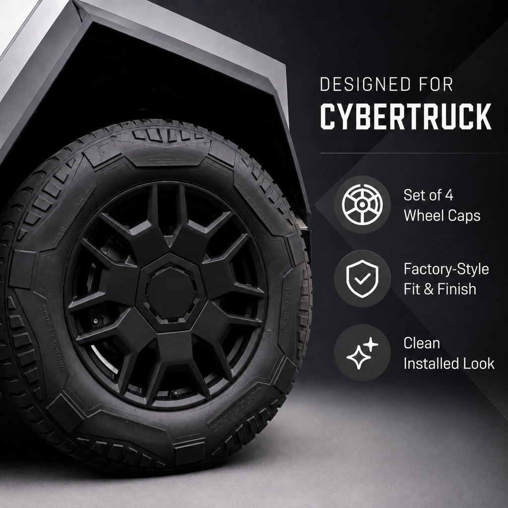 Cyber Wheel Cap Kit for Tesla Cybertruck, Set of 4 Wheel Center Cap Covers, Retail Box Included, Factory-Style Matte Black Replacement Wheel Caps
