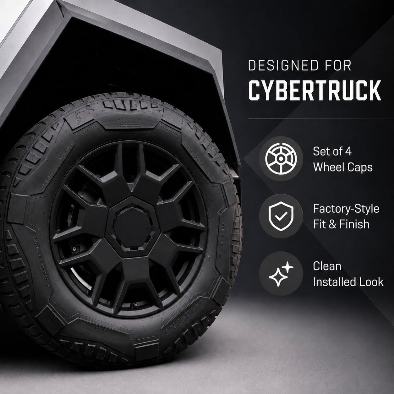 Cyber Wheel Cap Kit for Tesla Cybertruck, Set of 4 Wheel Center Cap Covers, Retail Box Included, Factory-Style Matte Black Replacement Wheel Caps