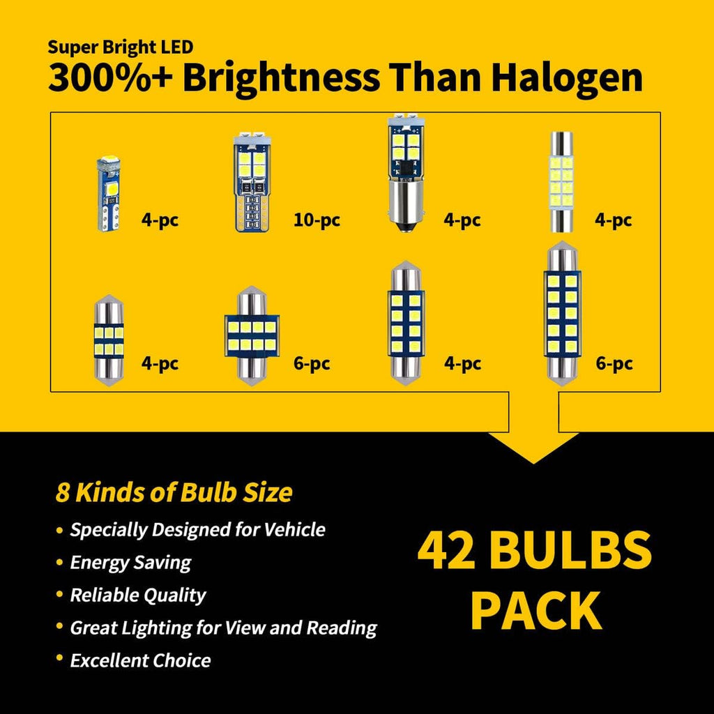 EBAIFUN 42-Pack White LED bulbs Kit for Car Truck Interior Map Dome Light | Vanity Mirror Trunk Courtesy License Plate Light DE3175 6418 6411 T10 2825 BA9S 64111 T5 74 6612F 6615F 31mm 36mm 41mm Size