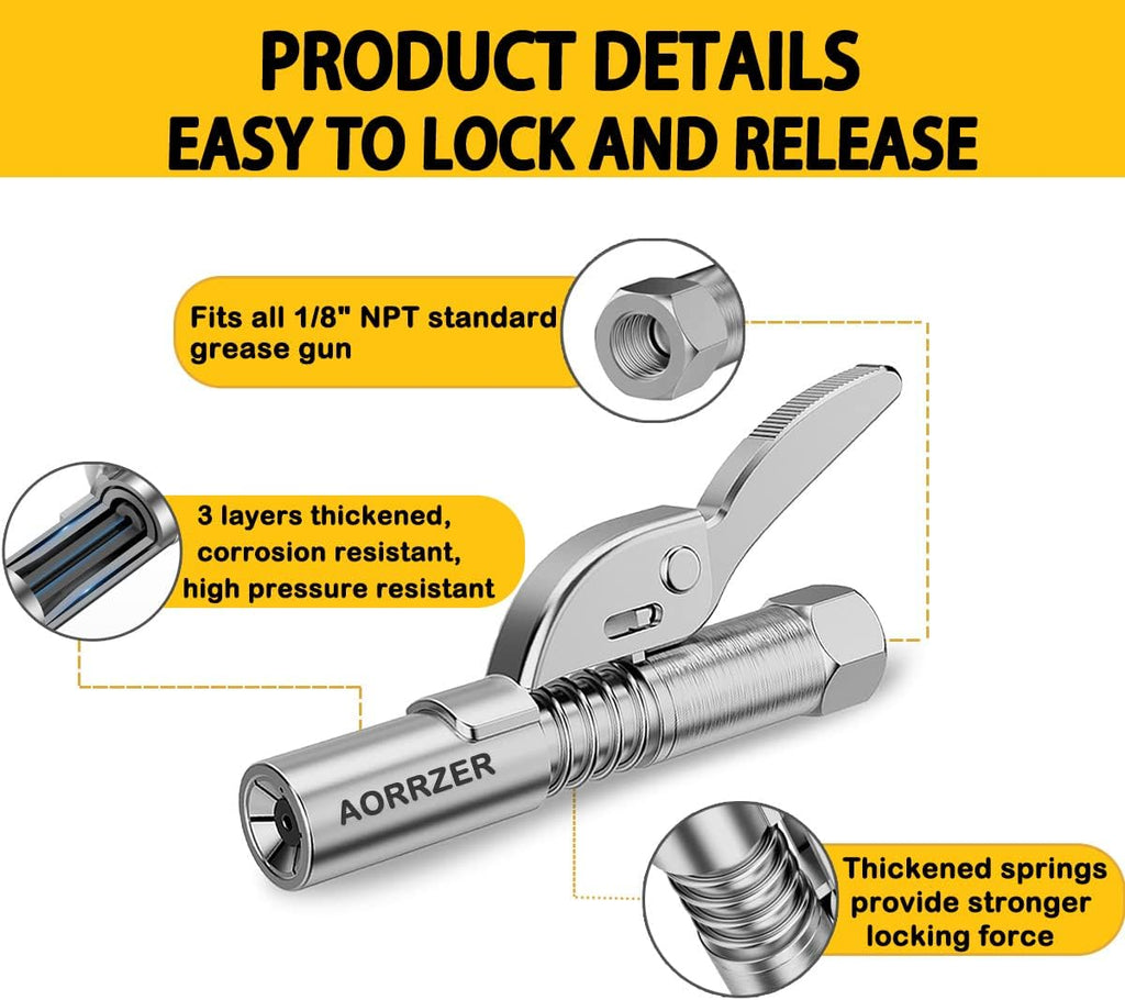 Grease Gun Coupler 2 PCS, Strong Lock-on Greases Gun Couplers | 12000 PSI High Pressure Coupler Quick Release Grease, and Compatible with All Grease Guns 1/8" NPT Grease Gun Fittings ﻿