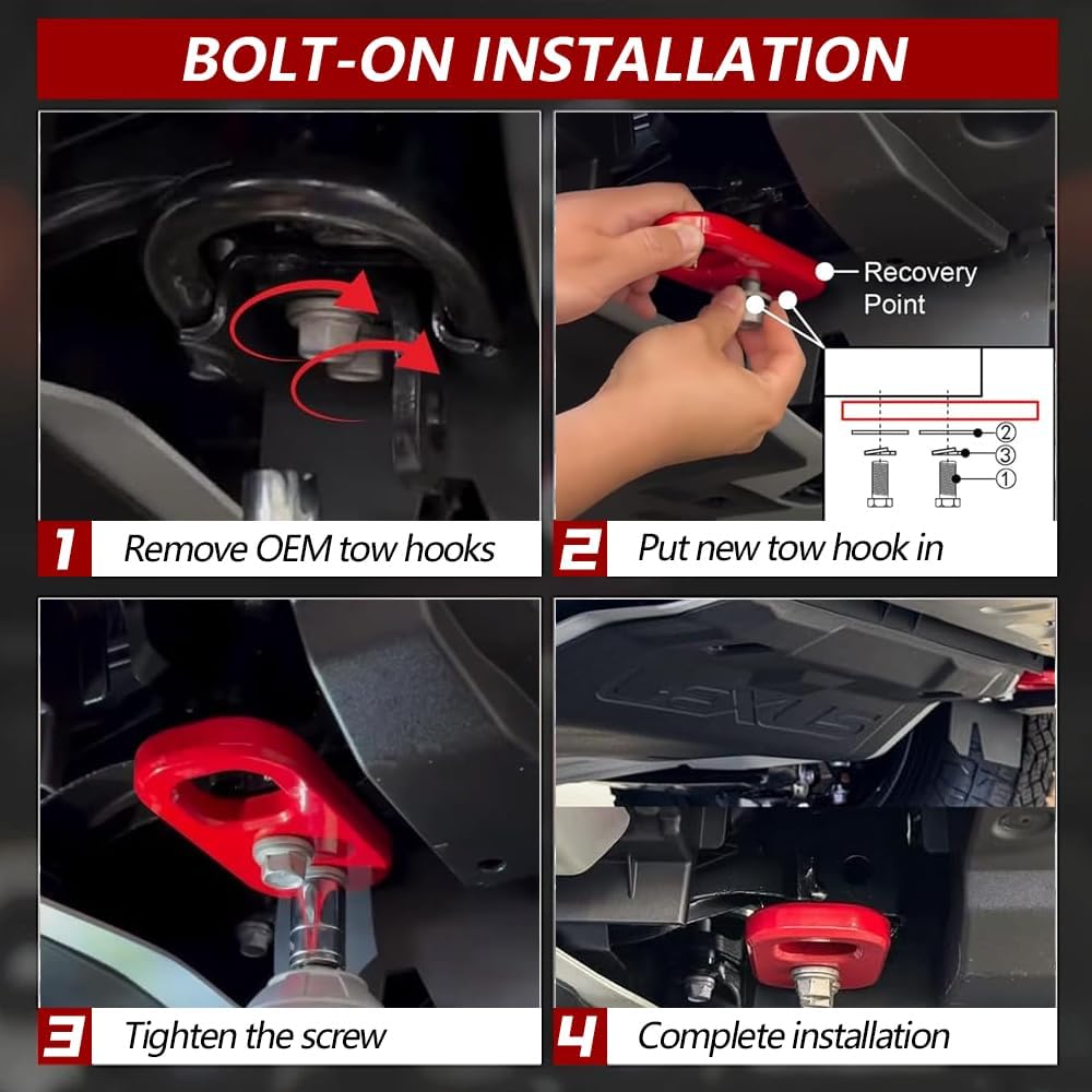 Front Tow Hooks, FIT 2024-2026 Toyota Tacoma, FIT 2025-2026 Toyota 4Runner, T6061 Aluminum Recovery Points, Red Finish, Bolt-On Mounting Pair