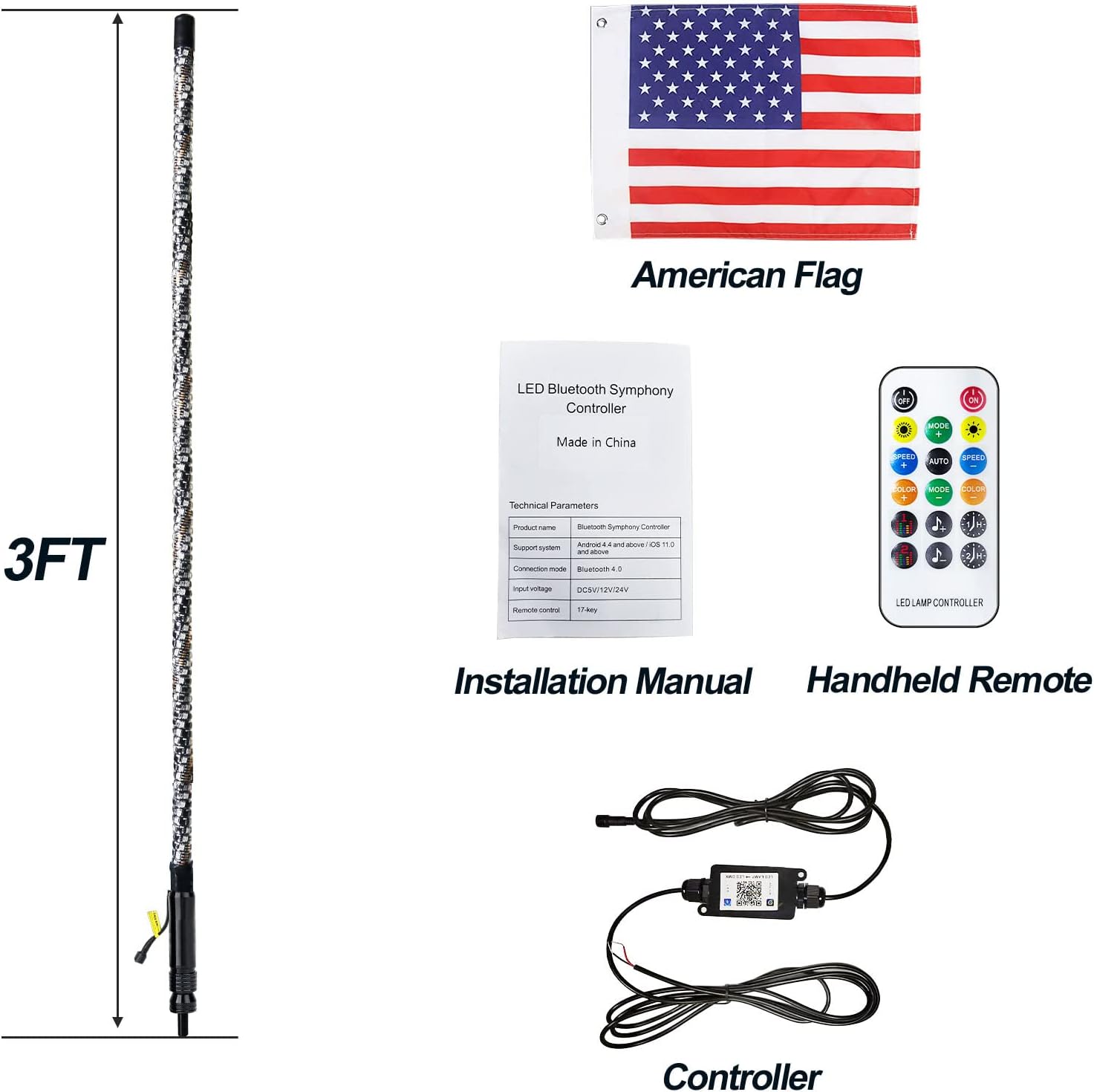 1PCS 3FT LED Whip Lights, Remote & App Control 600 Colors w/Waterproof Spiral Chase Illuminated Antenna Whip for UTV ATV, Polaris RZR, Offroad Vehicles, Trucks, Beach Dune Quad Wheeler Accessories