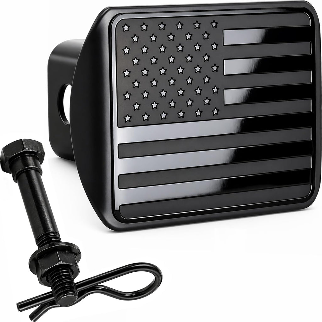 USA Stainless Steel Flag Emblem Metal Hitch Cover – Black, Includes Anti-Rattle Stainless Steel Pin Bolt, Fits 2" Receivers