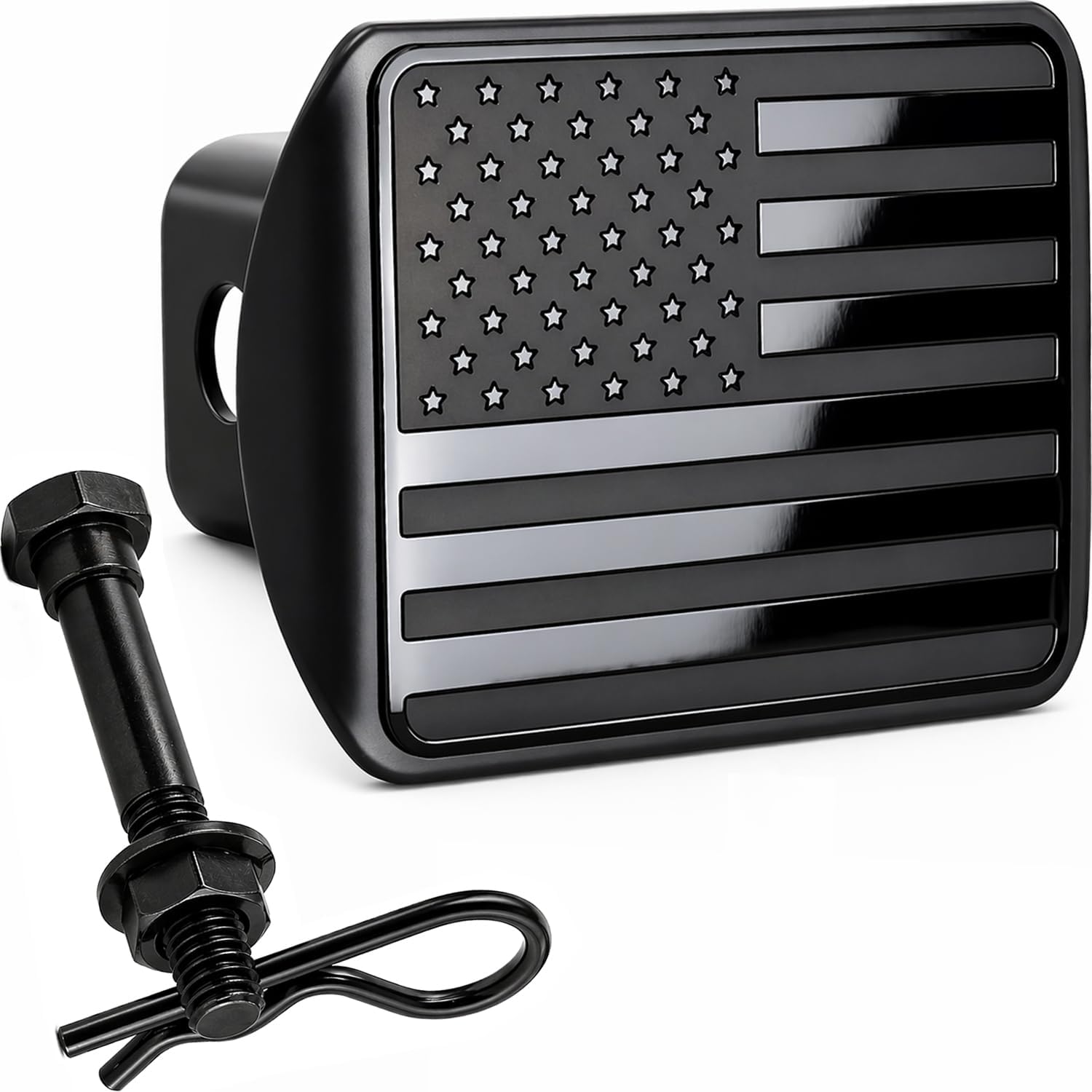 USA Stainless Steel Flag Emblem Metal Hitch Cover – Black, Includes Anti-Rattle Stainless Steel Pin Bolt, Fits 2" Receivers