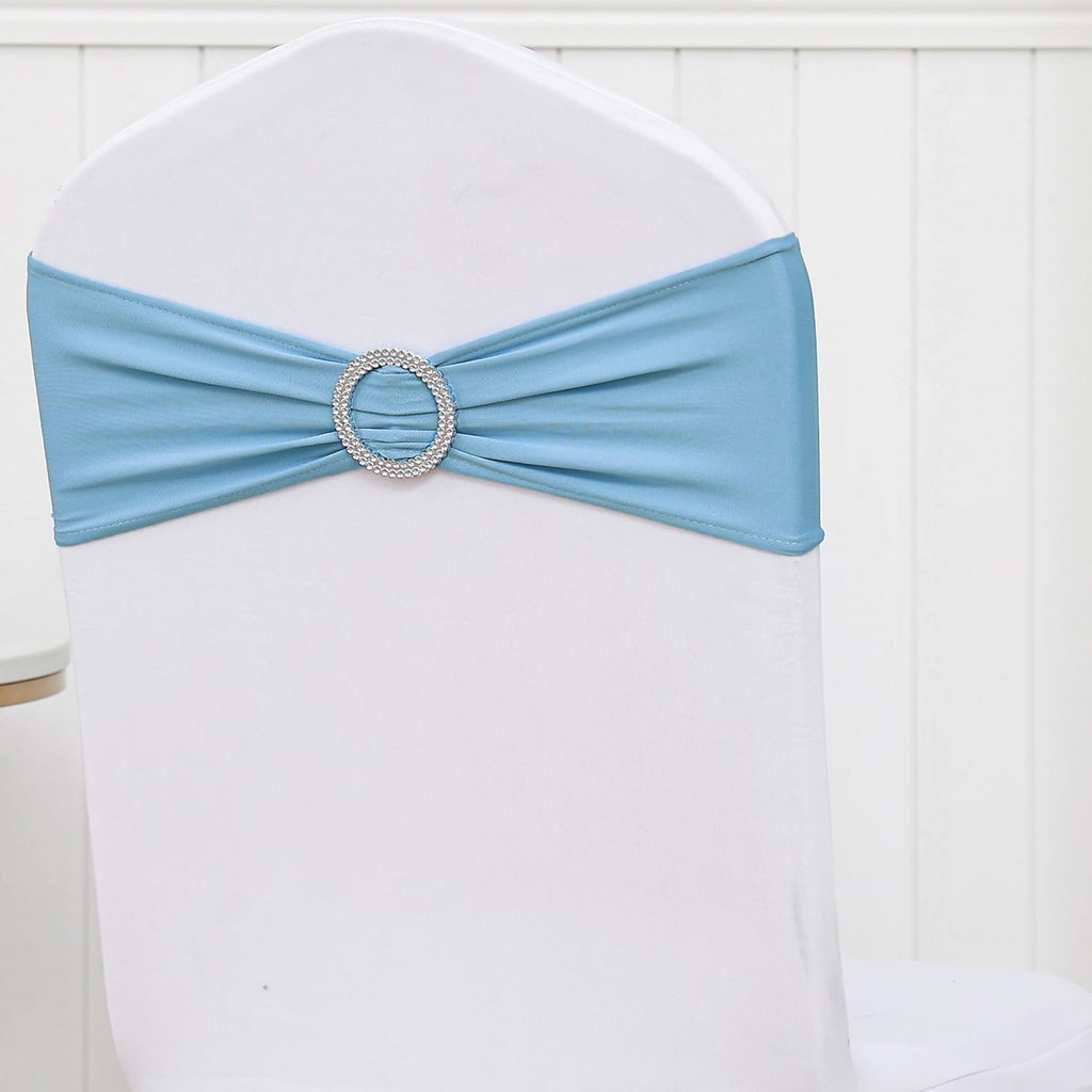 50 Pack Spandex Baby Blue Chair Sashes Bows Stretch Elastic Light Blue Chairs Bands with Buckles Ties for Party Celebration Ceremony Events Wedding Decorations