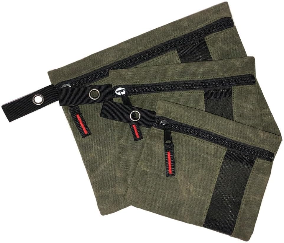 Overland Vehicle Systems Small Size 3-Bag Set of Storage Bags with Mesh Windows- #12 Waxed Canvas - Infused with Paraffin Wax Waterproofing - Universal For, Tools, Automotive, and more!