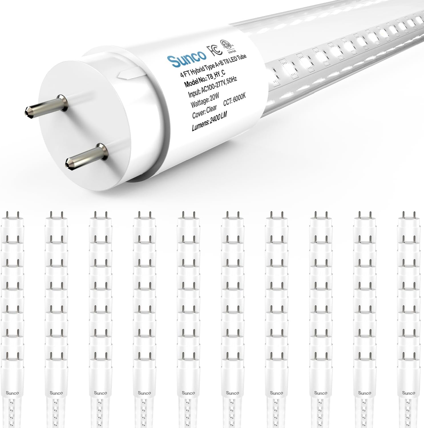 Sunco 70 Pack T8 LED Tubes 4FT Replacement for Fluorescent Bypass Ballast or Plug and Play 20W 2400 LM 5000K Daylight Ballast Compatible Single Ended or Double Ended Hybrid Type A+B Clear Lens ETL