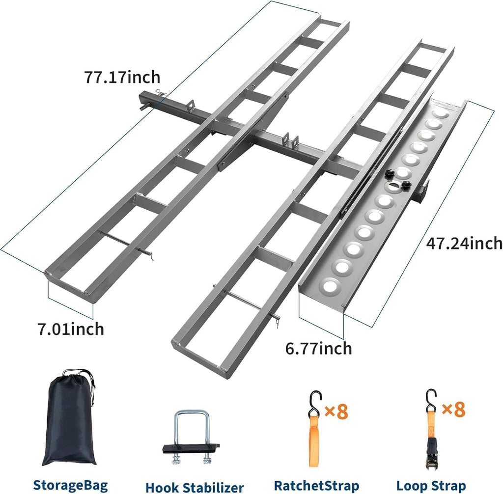 600 lbs Professional-Grade Motorcycle Hitch Carrier – 2 Inch Receiver Hitch Mount, Anti-Wobble Stabilization, Non-Slip Ramp, Tie-Down Straps, Dirt Bike & Motorcycle Trailer Transport