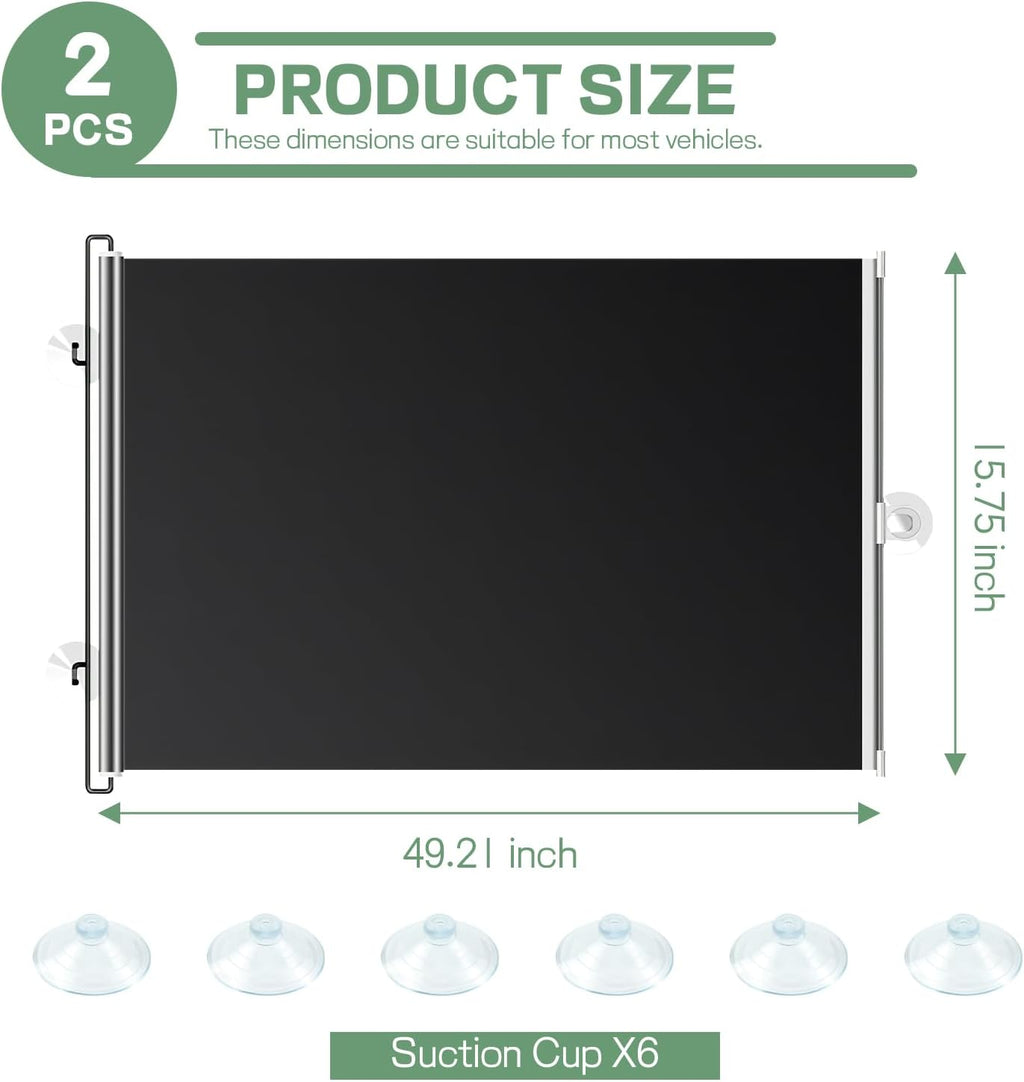 2PCS Car Window Shades, 16" x 49" Retractable Auto Side Window Roller Shade with Suction Cups, Vehicle Windows Sunshade Blocks Sun Heat, UV Glare, Car Accessories (Silver+Black)