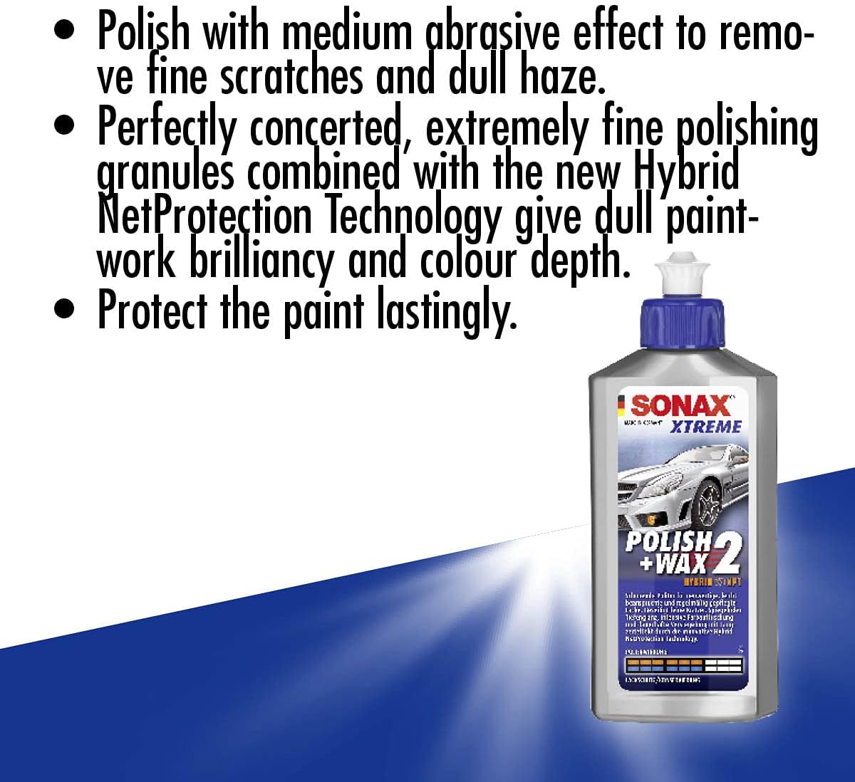 SONAX XTREME Polish+Wax 2 Hybrid NPT (250 ml) | Gentle polish with medium polishing effect for new, lightly used and regularly maintained paintwork.